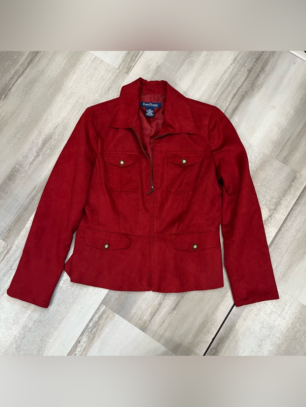 Evan Picone Womens Blazer Vegan Suede Flap Pockets Lined Zip Up Red 6 Petite